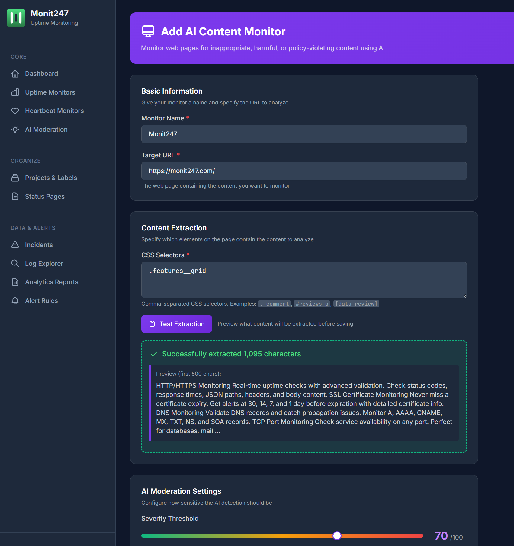 Monit247 AI Content Monitor setup showing content extraction and severity threshold settings