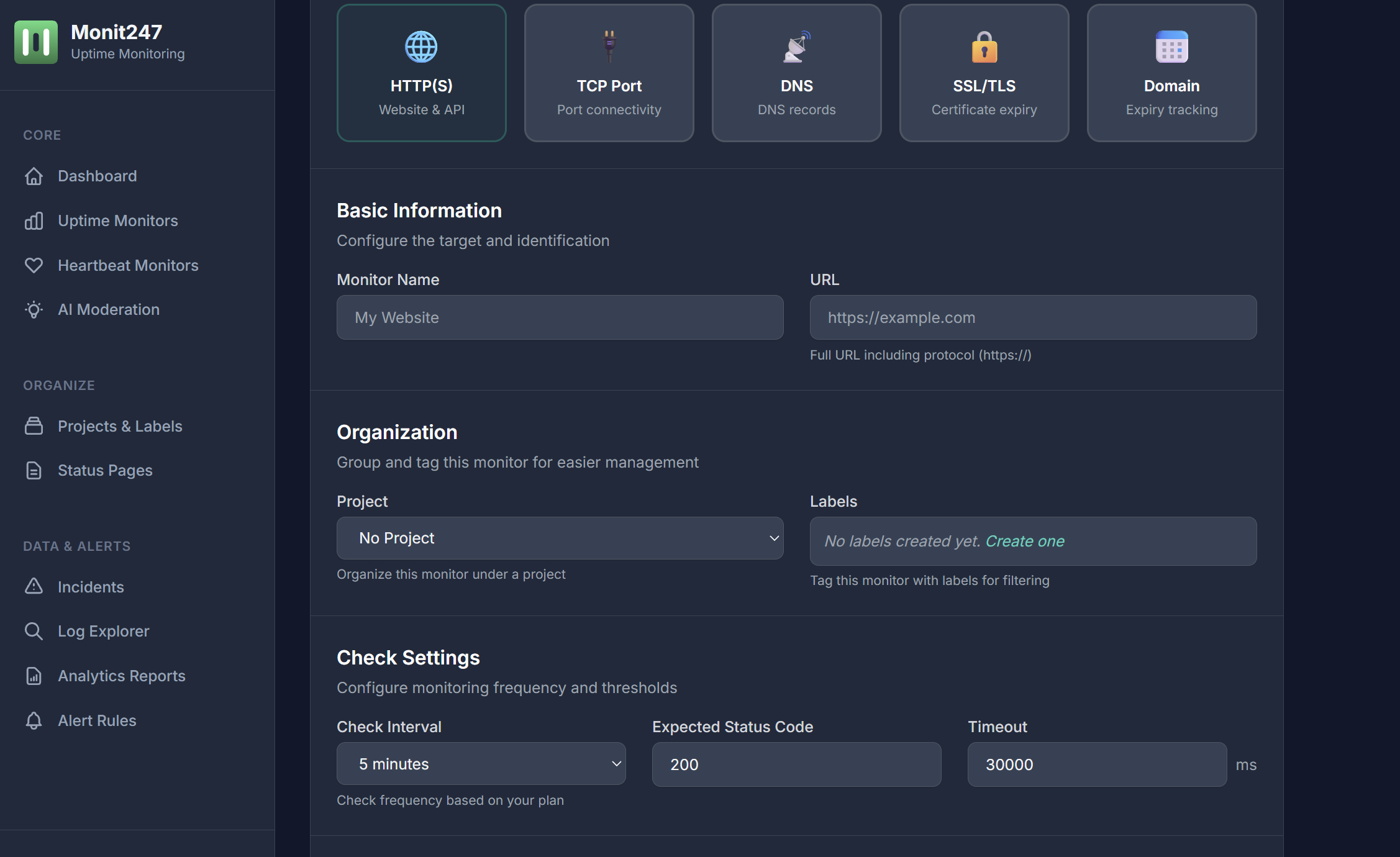 Monitor setup form with check settings